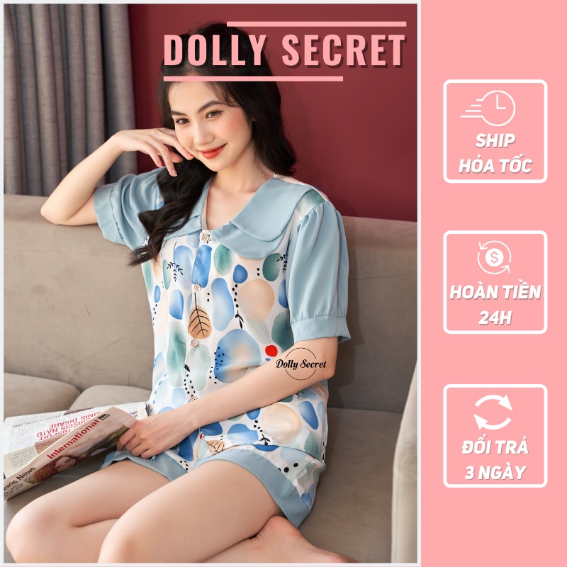 Bộ đồ Pijama lụa mango cộc tay bồng quần đùi mặc ở nhà cao cấp cổ 2 lá phong cách Hàn Quốc đáng yêu DOLLY SECRET CC02