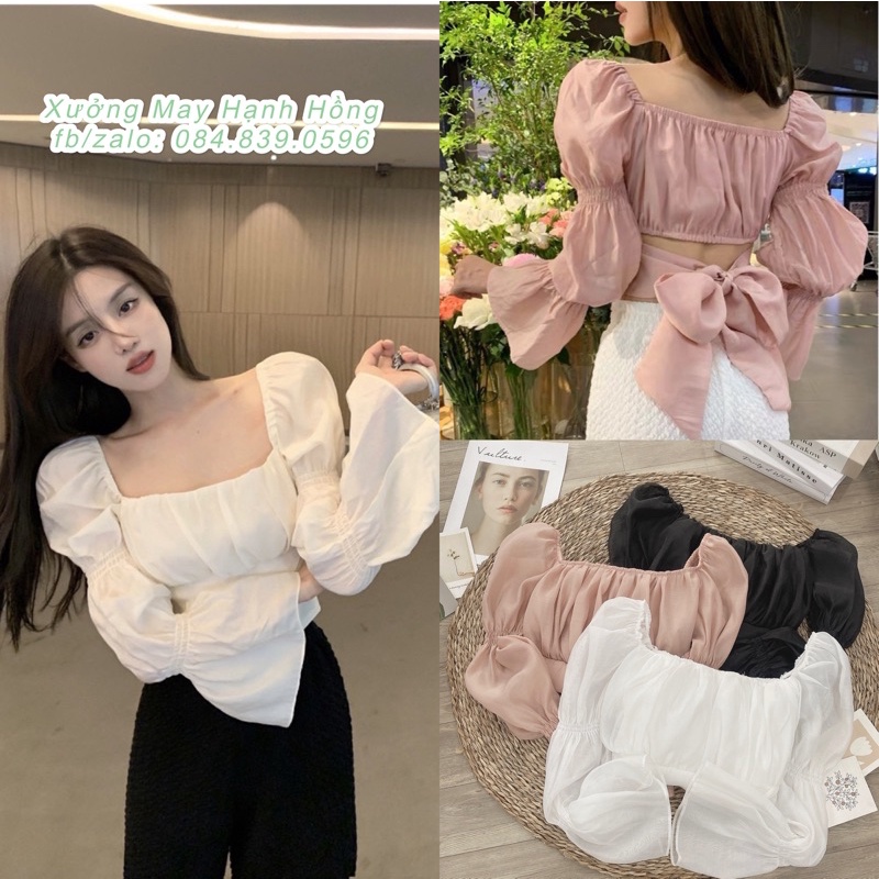 Áo trễ vai Hàn Quốc hàng Quảng Châu loại 1, Áo kiểu nữ cutout buộc nơ lưng đi biển, du lịch