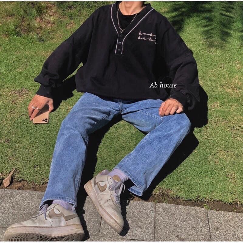 Áo Sweater Cúc Cổ Nam Nữ, Áo Sweater Form Rộng Unisex