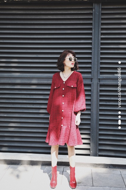 Đầm dạ tweed đuôi cá đính ngọc, dáng suông rộng bầu bí mặc thoái mái xinh | BigBuy360 - bigbuy360.vn