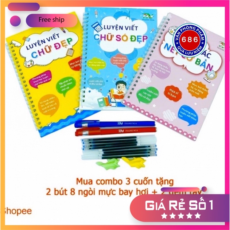 Set 3 Quyển Luyện Viết Chữ Đẹp – Số Đẹp – Các Nét Cơ Bản Tự Xóa Phiên Bản Chuẩn Tiếng Việt Cho Bé