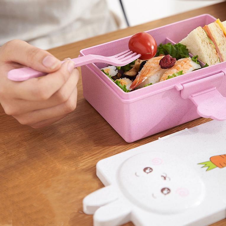 Hộp đựng cơm lúa mạch hình thỏ gấu siêu đáng yêu - khay cơm có nắp an toàn cho bé