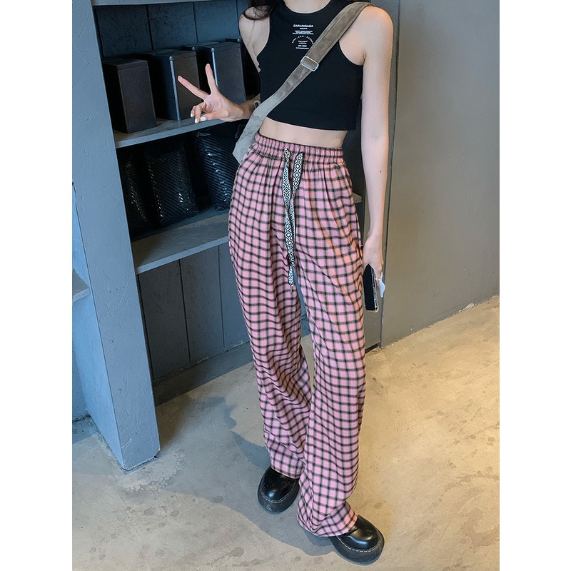 Quần Dài Lưng Cao Ống Rộng Họa Tiết Sọc Caro Phong Cách retro Hàn Quốc Thời Trang Cho Nữ