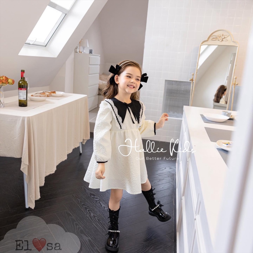 Váy bé gái dài tay chất đũi xốp vân nổi từ 8-20kg