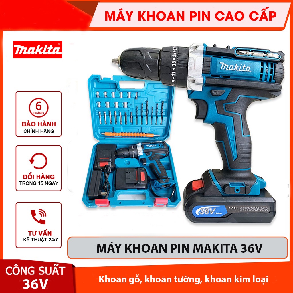 Máy khoan pin 36V Ma.ki.ta 3 chức năng có búa - Tặng kèm phụ kiện 24 chi tiết - Kèm theo 2 pin 5Ah, 1 sạcu