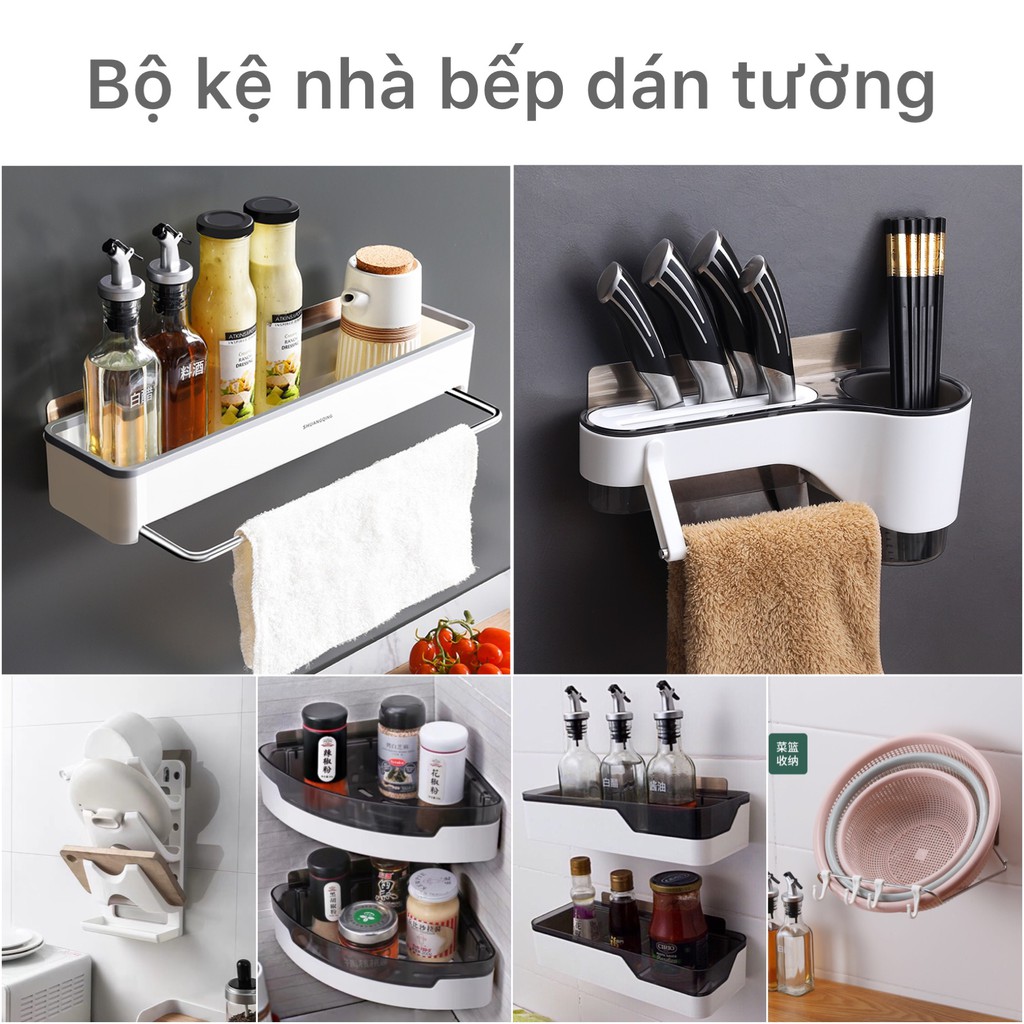 Bộ giá kệ nhựa để đồ nhà bếp dán tường cao cấp phong cách hiện đại, kệ gia vị, móc treo đa năng