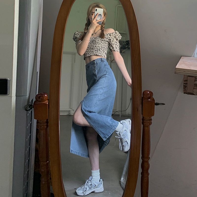 Chân váy jean dáng dài lưng cao thiết kế xẻ tà thời trang dành cho nữ