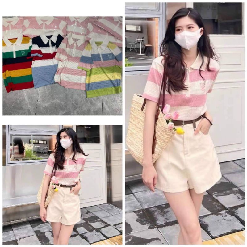 Áo len lỗ kẻ ngang khóa kéo hàng QC