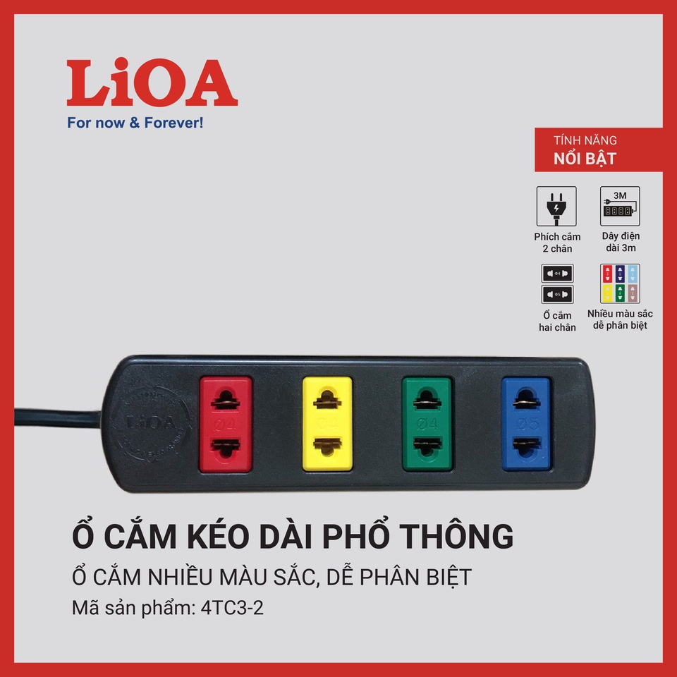 [CHÍNH HÃNG] Ổ cắm LiOA kéo dài phổ thông 3 lỗ, 4 lỗ, 5 lỗ, 6 lỗ, 2 chấu dây dài 3m - 5m, 2 lõi, 1000W - 2200W