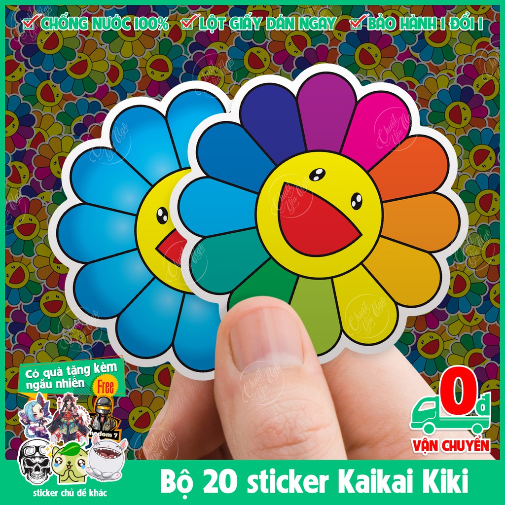 Bộ 20 sticker chủ đề Hoa Mặt Trời Hoa Cầu Vòng Kaikai kiki vui nhộn chống nước dán điện thoại, laptop,...