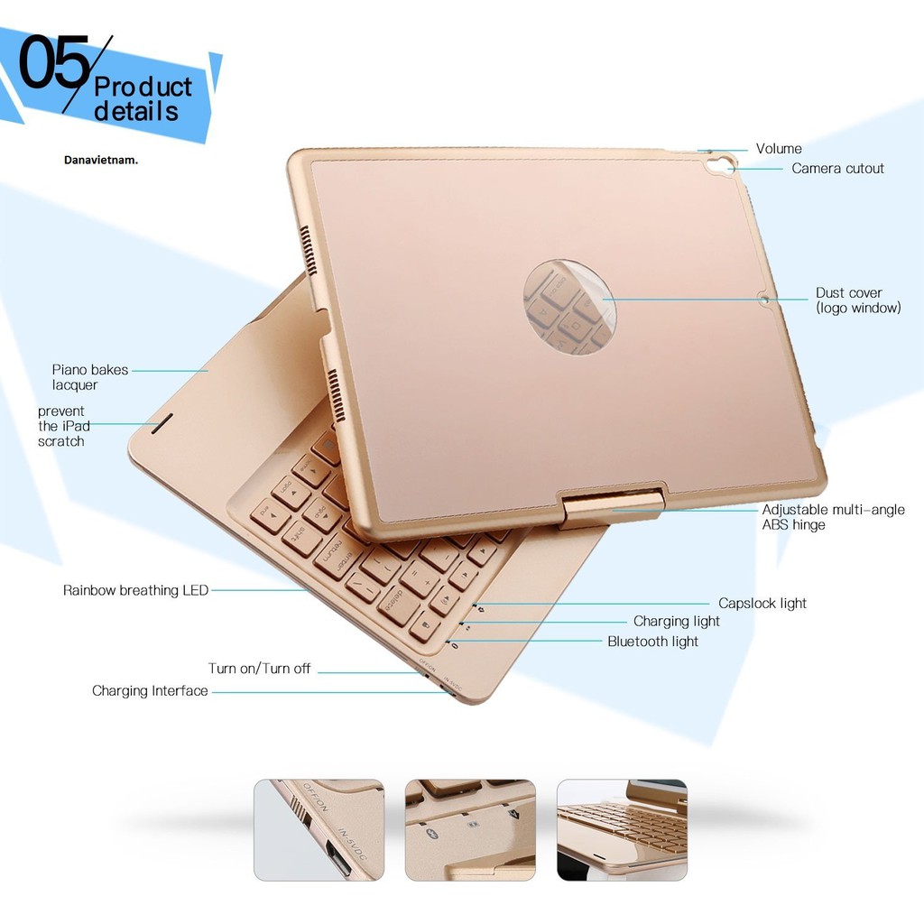 Bàn phím bluetooth kiêm ốp lưng F360 cho iPad Pro 10.5'' xoay 360 độ (Gold) tặng bút cảm ứng