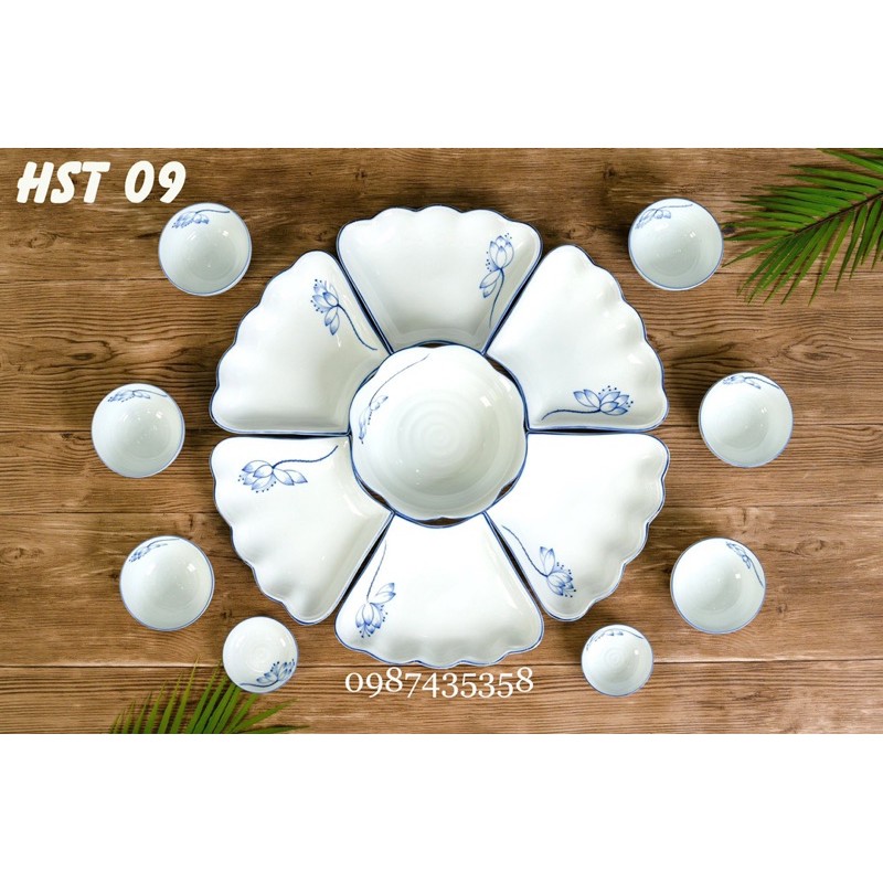 Sét bát đĩa men trắng sen tràm hoa mặt trời gốm Bát Tràng