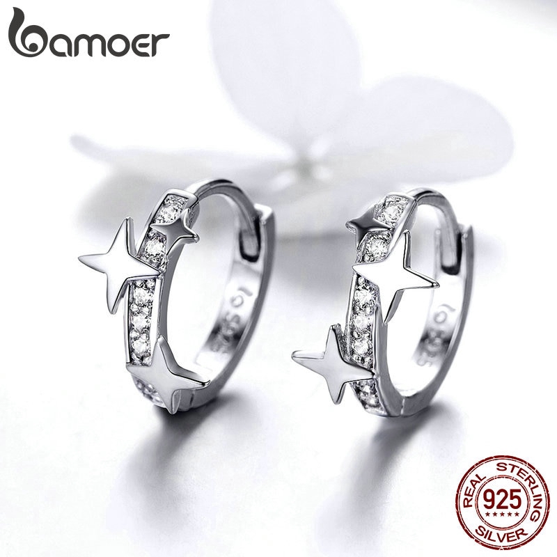 Khuyên Tai Bamoer Hình Tròn Bạc Đính Đá Cz