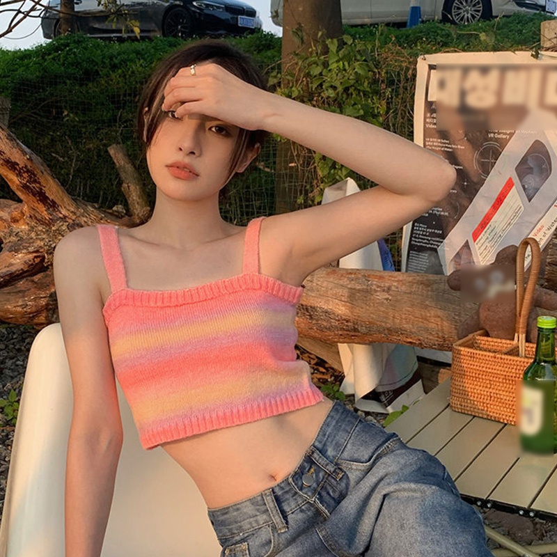 Brroa Áo Croptop Dệt Kim Không Tay Hở Vai Ôm Dáng Kẻ Sọc Cầu Vồng Ngọt Ngào Mùa Hè Cho Nữ Sw