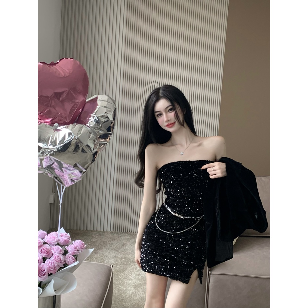 Set Đầm Nhung 3 Món Phối Áo Khoác Blazer Đính Kim Sa Lấp Lánh Thời Trang Sang Trọng