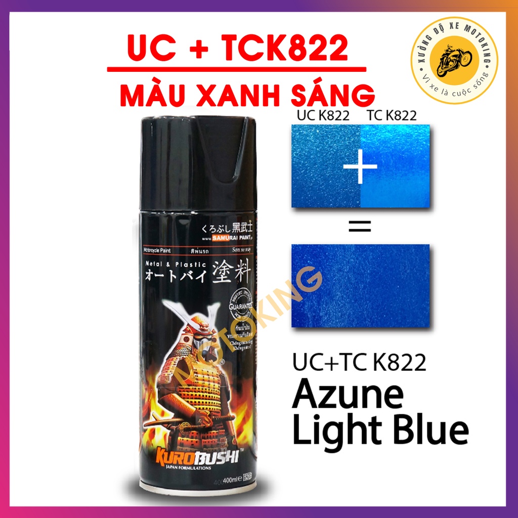 Combo sơn samurai màu xanh sáng UC + TCK822 - dòng sơn xịt màu 2 lớp chuyển dụng dành cho sơn xe máy, ô tô