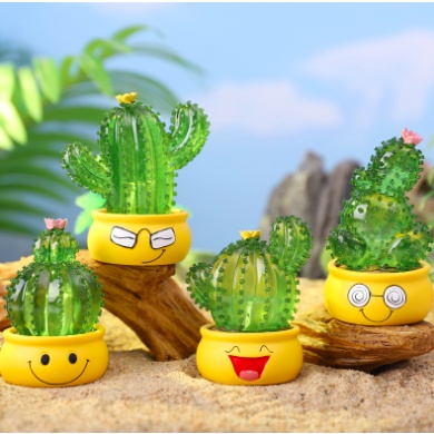 Set 4 mô hình xương rồng chibi phát sáng biểu cảm dễ thương dùng để trang trí góc làm việc bàn học quà tặng bạn bè - Ráp