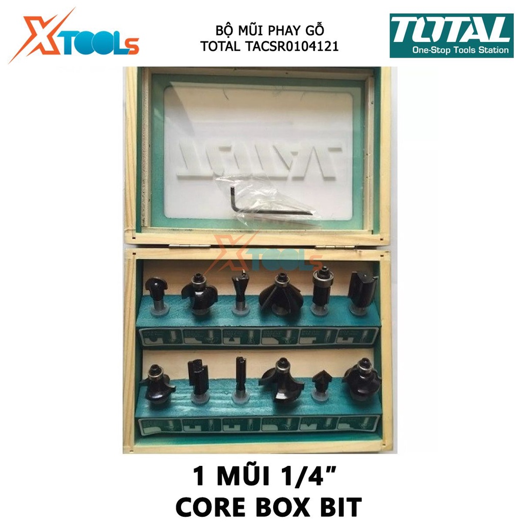 Bộ mũi phay gỗ TOTAL bộ 12 mũi phay soi gỗ Đường kính mũi từ 1/4&quot;(6.3mm)-1/2&quot; (12.7 mm), Gồm 3 mũi thẳng 6mm, 12mm, 16mm