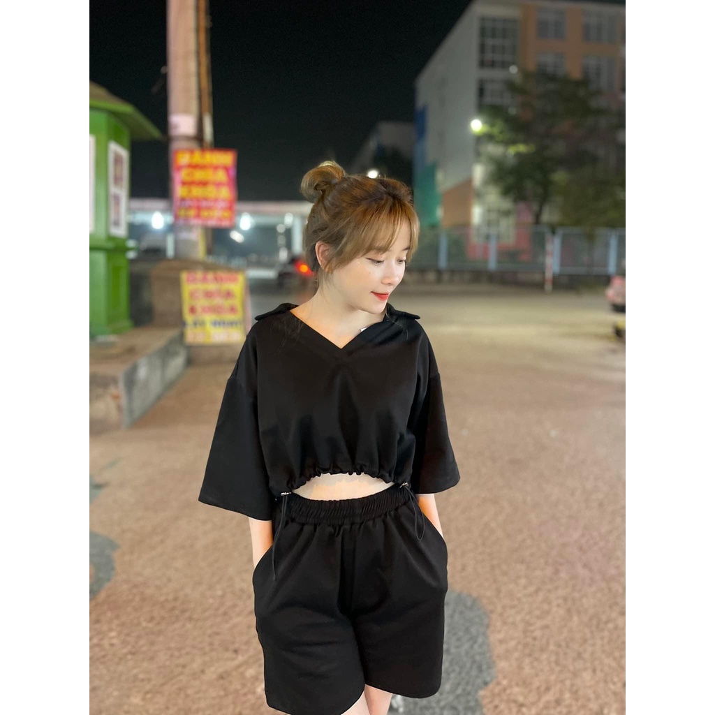 SÉT BỘ ÁO CROPTOP RÚT EO TAY LỬNG MIX QUẦN