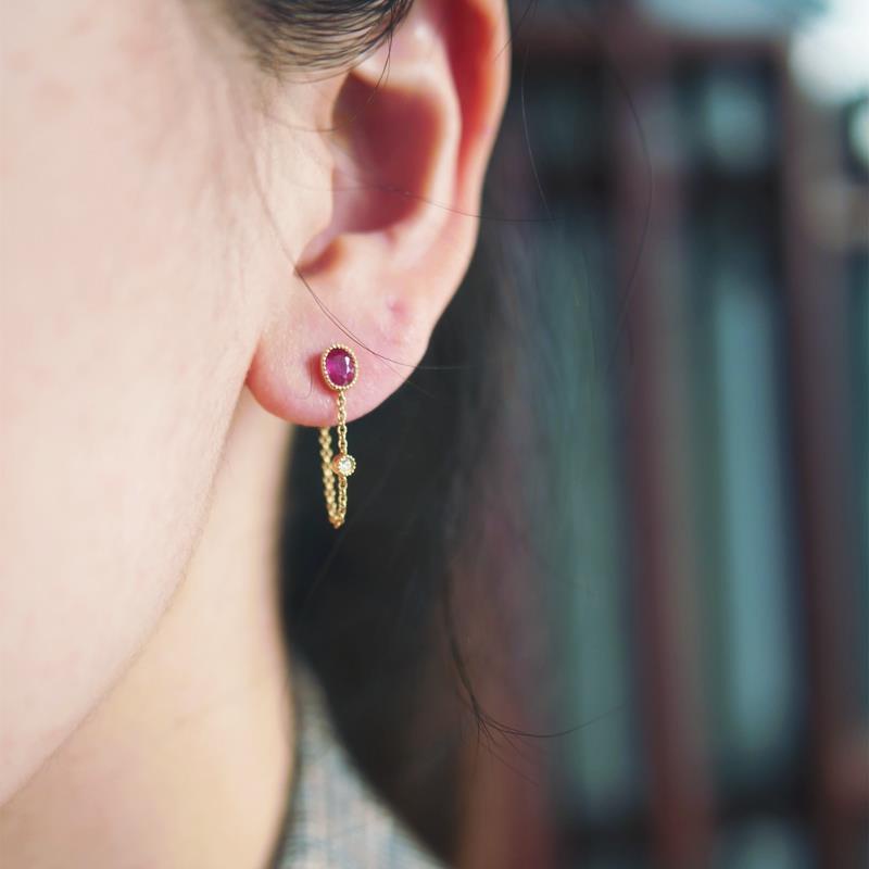 Khuyên Tai Bạc Đính Đá Ruby Phong Cách Retro Sang Trọng Đơn Giản