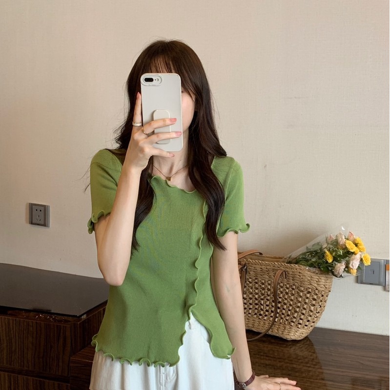 Áo thun ZHELIHANGFEI dệt kim ngắn tay xẻ tà phối bèo dễ thương cho nữ
