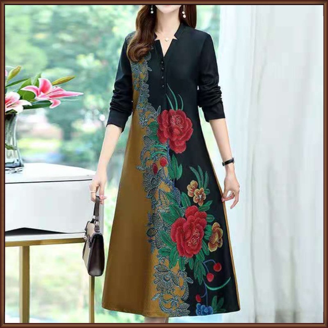 Đầm Dài Qua Gối Cổ Chữ V Tay Dài In Họa Tiết Hoa Phong Cách Cổ Điển Dành Cho Nữ