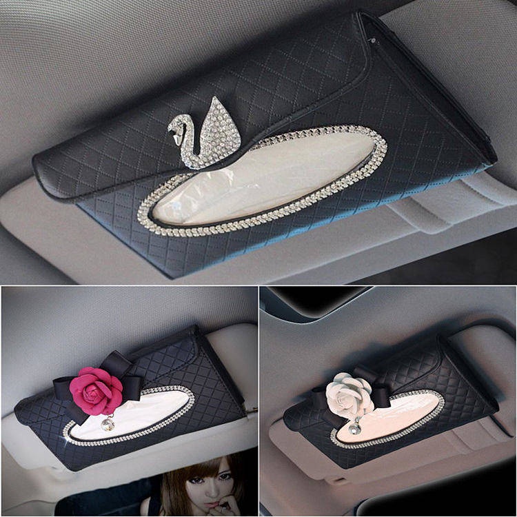 Diamond Swan Hanging Tissue Box for Car Creative Camellia Sun Visor Tissue Box Car Supplies Auto department store supplies