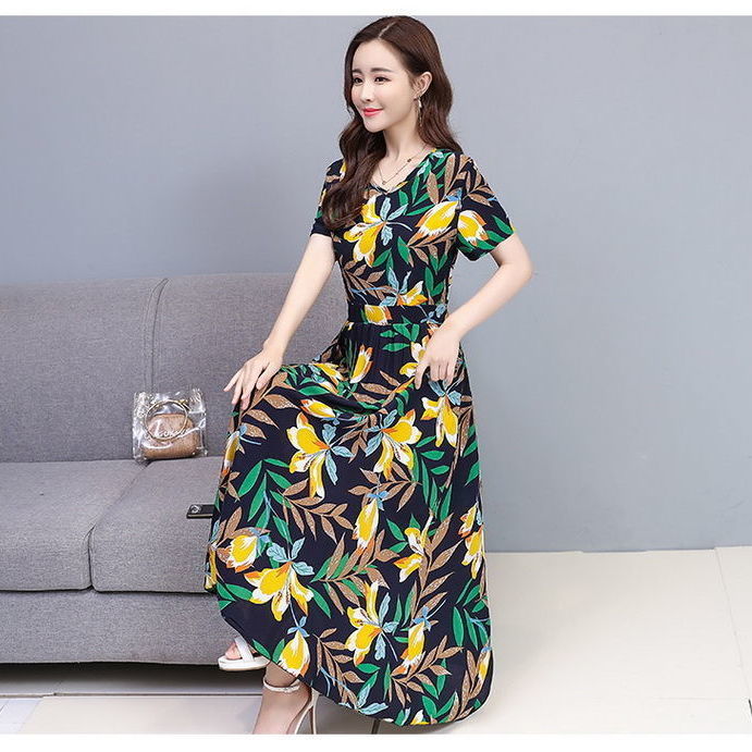 Dress 2021 new summer mother's imitation ice silk waist shows thin and noble, foreign style, over the knee big swing printing | BigBuy360 - bigbuy360.vn