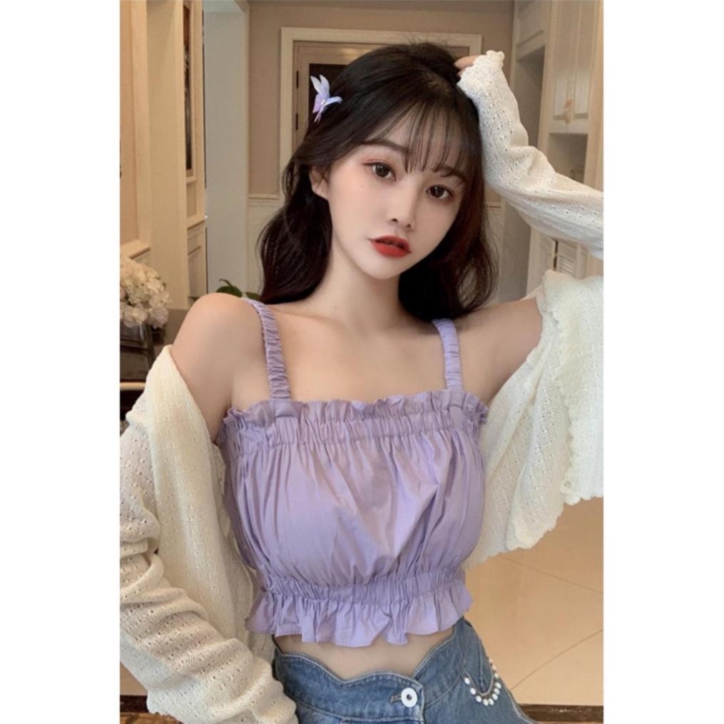 Áo 2 Dây Bo Chun Bèo Nhún Kiểu Dáng Croptop Freesize&lt;50kg - CKA.048