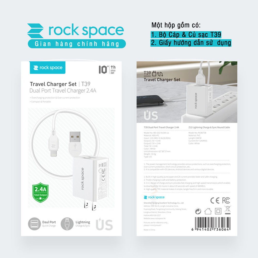 Bộ sạc Nhanh cho ip chính hãng Rockspace T39 2 cổng 2,4A không nóng máy Hàng BH 12 tháng 1 đổi 1