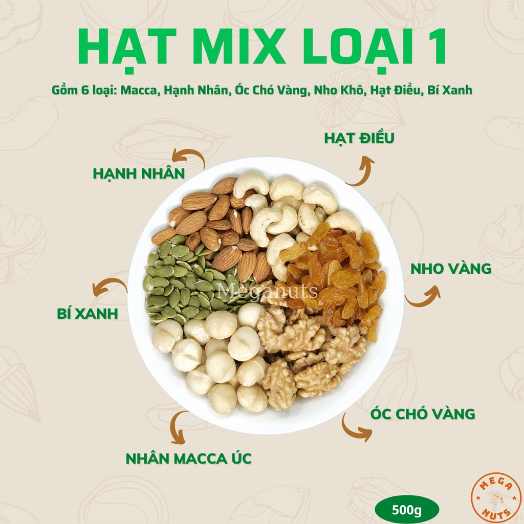 Hạt Dinh Dưỡng mix 6 loại hạt 500g Đã Sấy Chín Ăn Liền - Hạt Nhập Khẩu Cao Cấp siêu ngon Meganuts