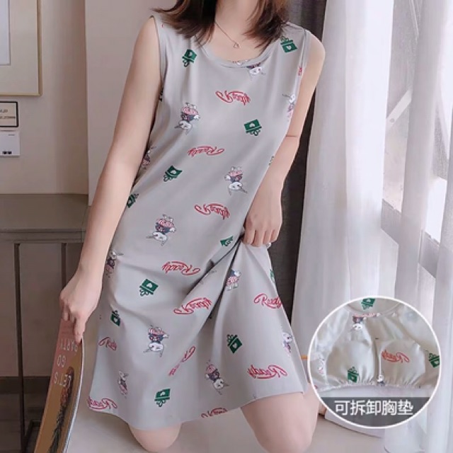 Váy đầm ngủ mặc ở nhà ba lỗ dáng suông hoạ tiết đáng yêu MS129