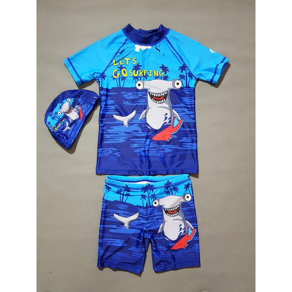 Bộ đồ bơi chống nắng áo và quần bơi cá mập shark area size đại bé trai 35-55kg