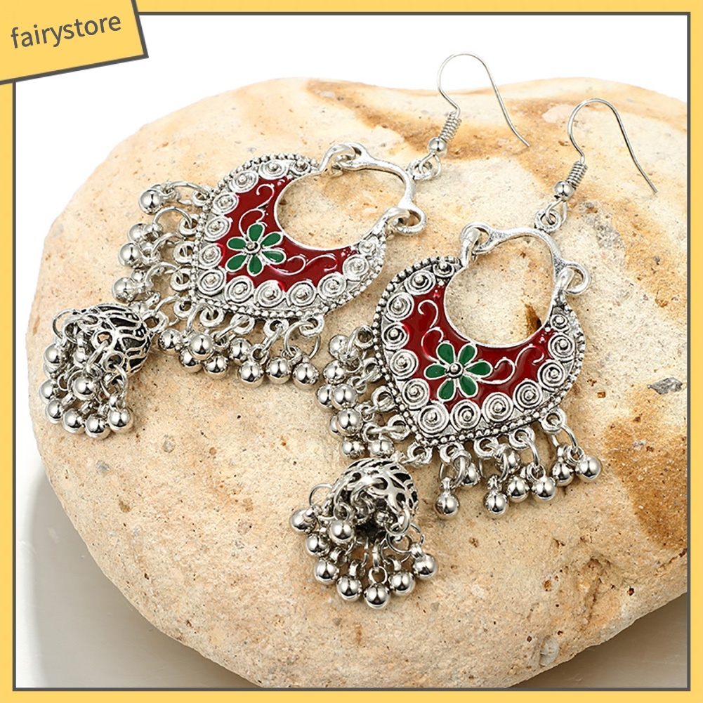 Bông tai dáng dài hình hoa phối tua rua phong cách bohemian