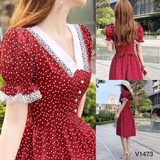 Đầm xoè chấm bi cổ peter phối ren + Ảnh thật