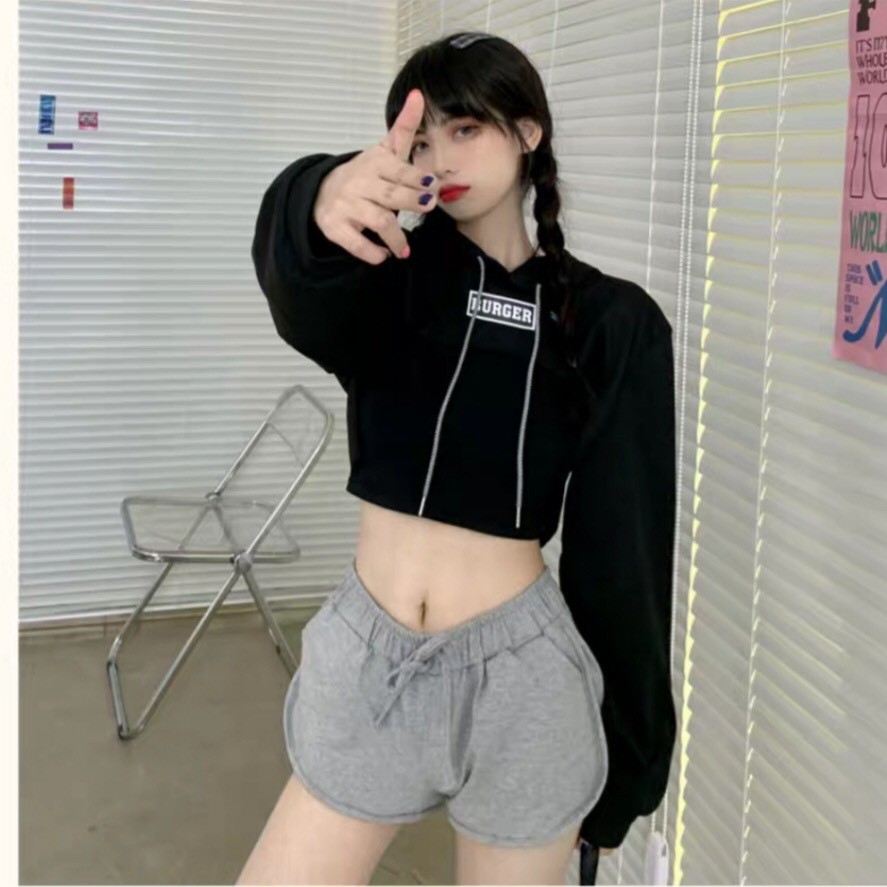 SET 2 MÓN Áo CROPTOP HOODIE BURGER Dài Tay Xanh Đen Xám mix Áo Body Đen Hot | BigBuy360 - bigbuy360.vn