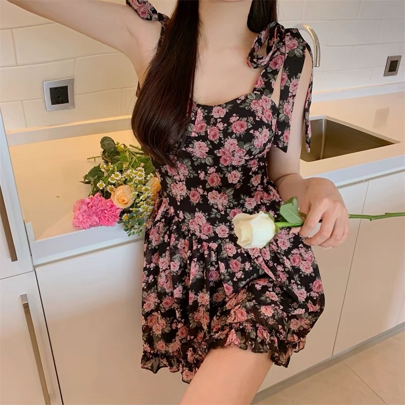 Đầm hoa hai dây buộc nơ dáng xoè phong cách tiểu thư hàng QC 2023