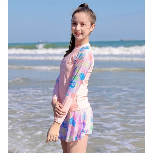 Bộ áo bơi tay dài và váy quần năng động thể thao chống nắng cho bé gái tuổi teen hoac nữ ( hàng QC loại 1)
