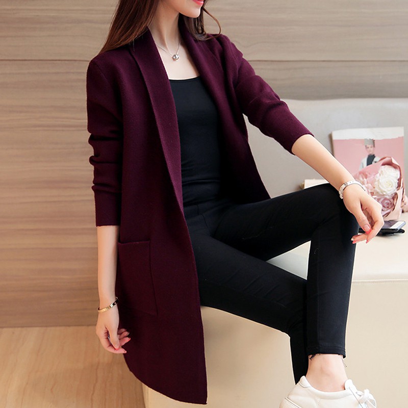 Áo Khoác Len Cardigan Dài Tay Có Túi Cho Nữ