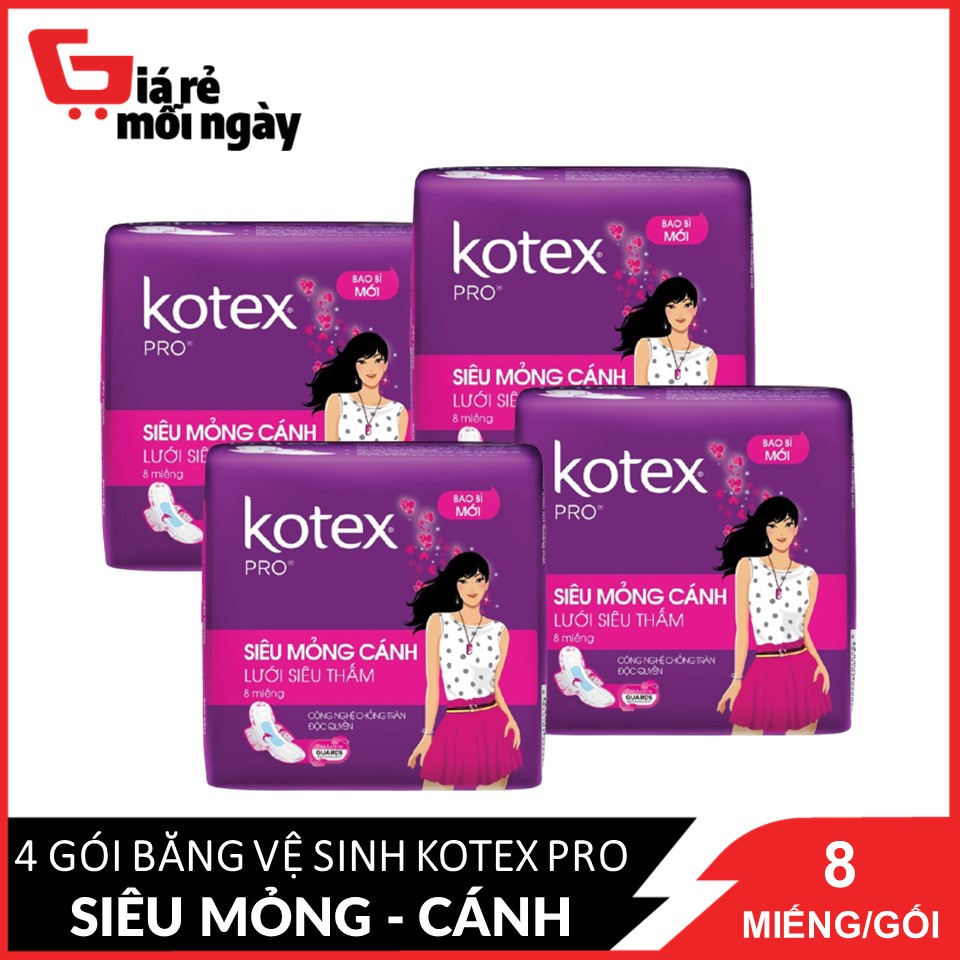 Combo 4 Băng Vệ Siêu Mỏng Cánh 23cm Kotex Pro Lưới Siêu Thấm 8 miếng