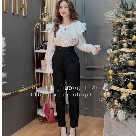 Quần tây baggy nữ công sở cạp có đai lưng cao màu đen mềm dáng dài khuy lệch Quần vải nữ cạp cao ống đứng mặc đi học đẹp