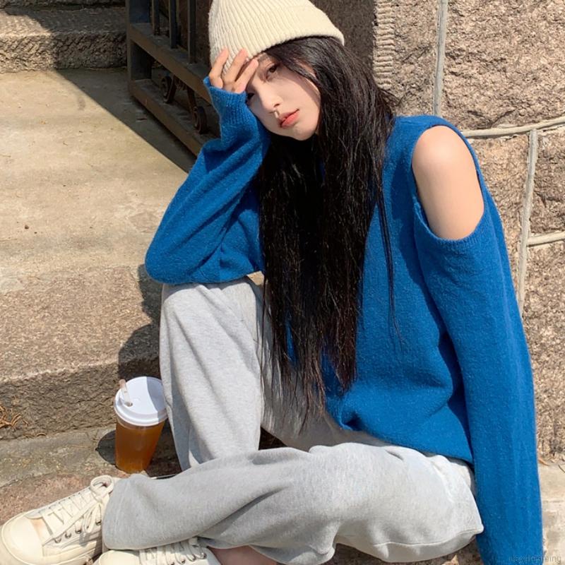 Áo cardigan dệt kim tay dài dáng rộng cổ tròn hở vai cài nút thời trang dành cho nữ