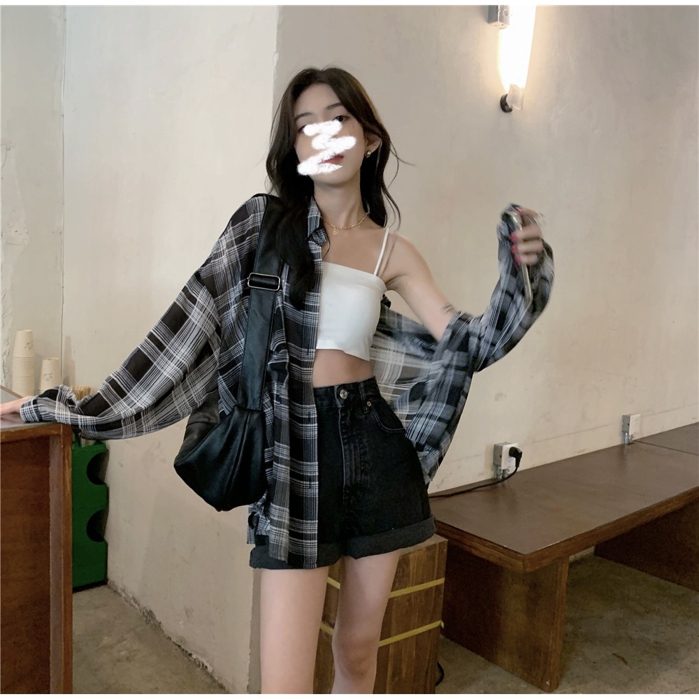 Áo sơ mi chiffon SUXI tay dài họa tiết sọc caro thời trang mùa hè cho nữ