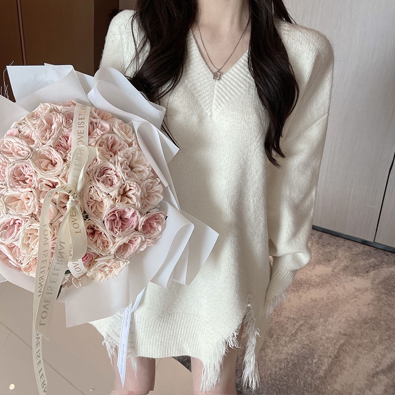 Jiashucheng Áo Sweater Trắng Cổ Chữ V Dáng Rộng Thiết Kế Rách Phong Cách Hàn Quốc Cho Nữ