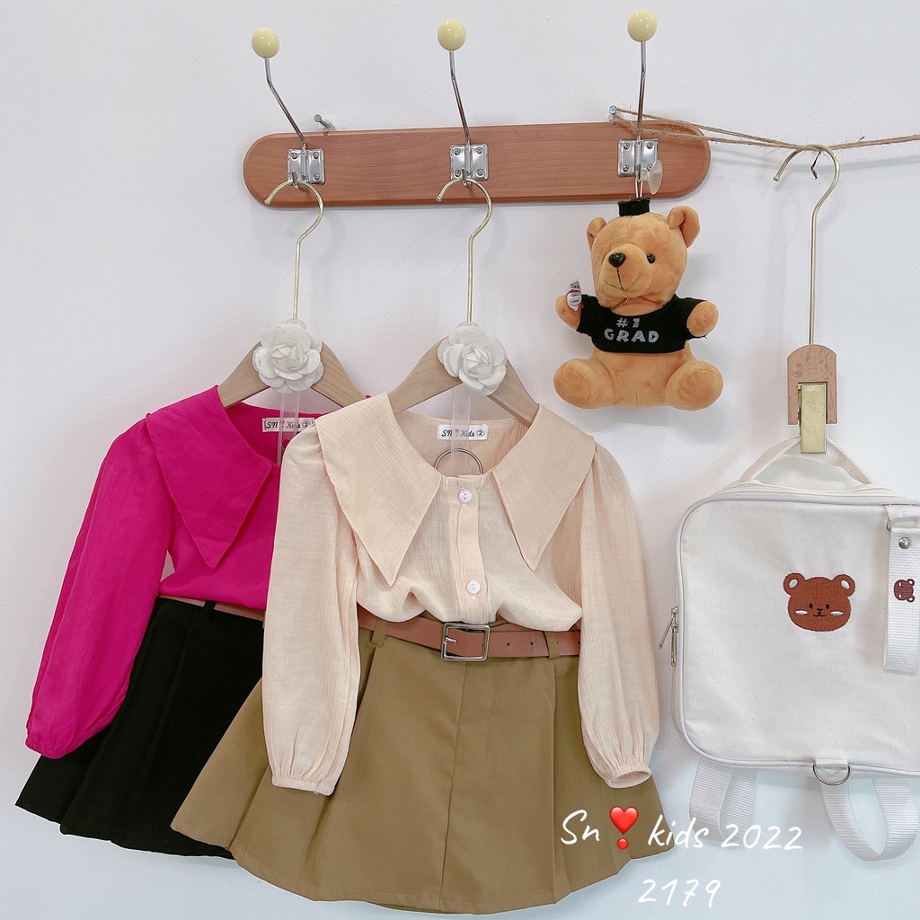 Quần áo bé gái, set áo tơ nhăn xịn cổ bản to kèm chân váy xếp ly tặng dây lưng cho bé size 10-35kg