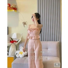 SET ĐỒ NỮ 2 DÂY PHỐI BÈO NHÚN NGỰC QUẦN DÀI HỌA TIẾT KẺ SỌC CARO