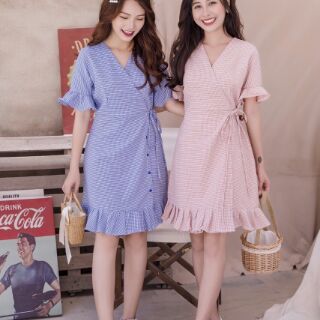 đầm caro tà đắp chéo cột nơ eo