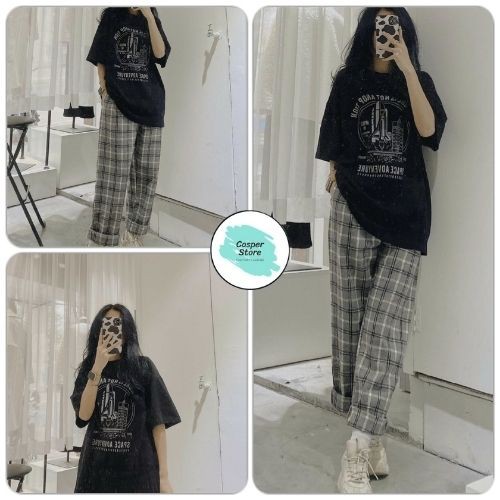 Set Áo Thun Ulzzang Space + Quần Kẻ Caro ⚡ Casper.Store | FREESHIP | ⚡ Bộ quần suông nữ & áo thun form rộng tay lỡ HOT