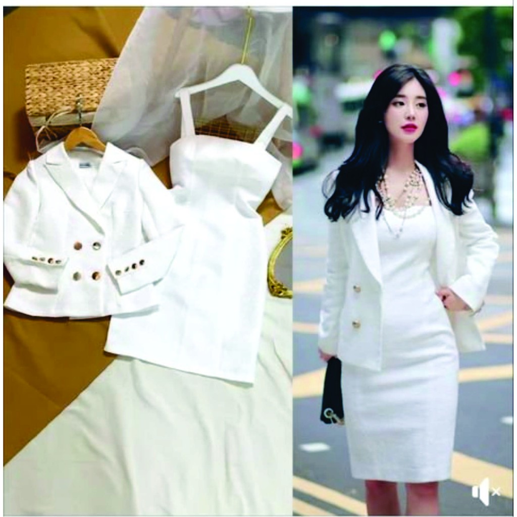 Rập giấy set áo giả vest đầm ôm 1184