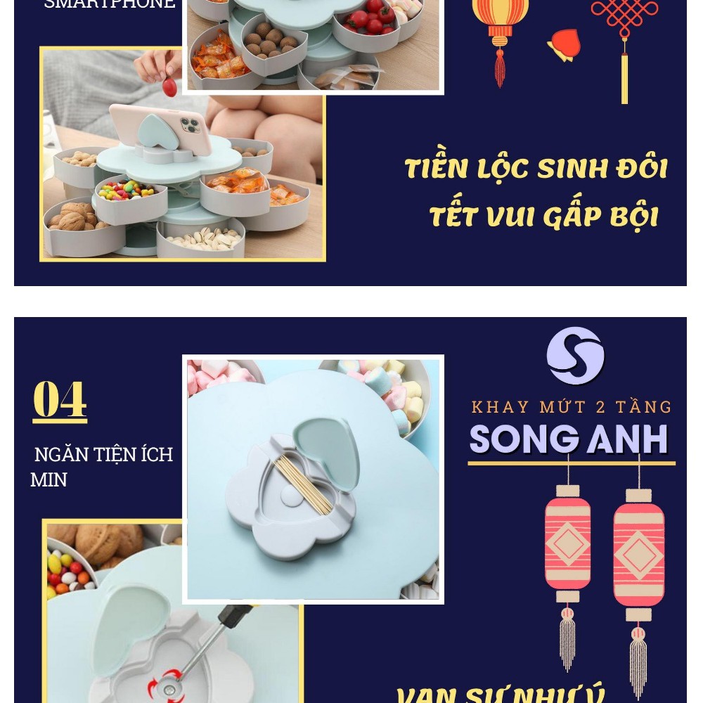 Khay Mứt Xoay, Hộp Đựng Mứt Tết Bánh Kẹo Mẫu Mới 2021 Song Anh 2 Tầng 10 Canh Hoa Có Rãnh Để Điện Thoại Màu Xan